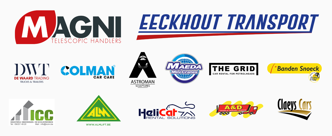 Partners van GTE Racing: Magni, Eeckhout Transport, De Waard Trading, Colman Car Care, Astroman Sculptures, Maeda Mini Cranes, The Grid, Banden Snoeck, ICC, ALM Lift, Helicat Rental Solutions, A&D Trucks & Trailers en Claeys Cars